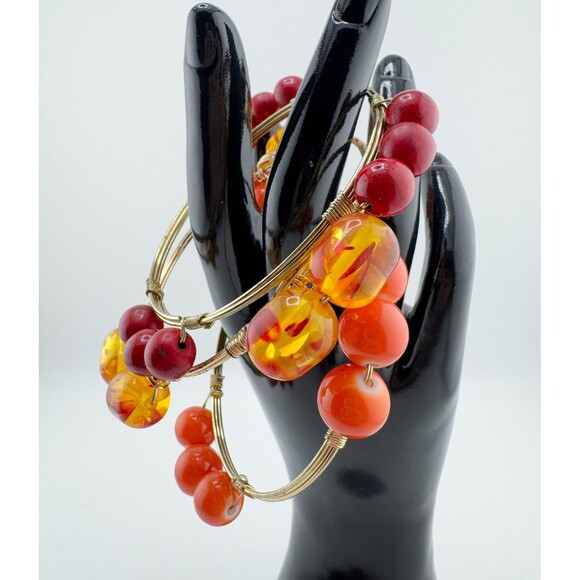 3 Bohemian Wire-Wrapped Beaded Bangle Bracelets Orange Amber Red Stackable Retro - Picture 3 of 12